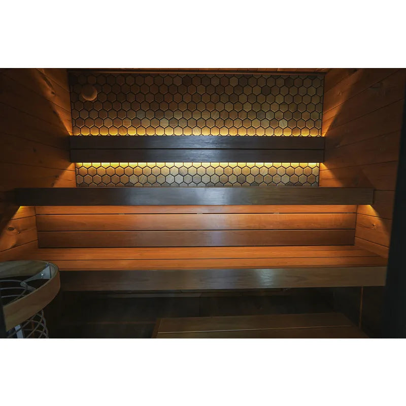 Leil® Viva 250 Gartensauna Innenraum mit Holzbänken und LED-Beleuchtung von Leil® Saunas
