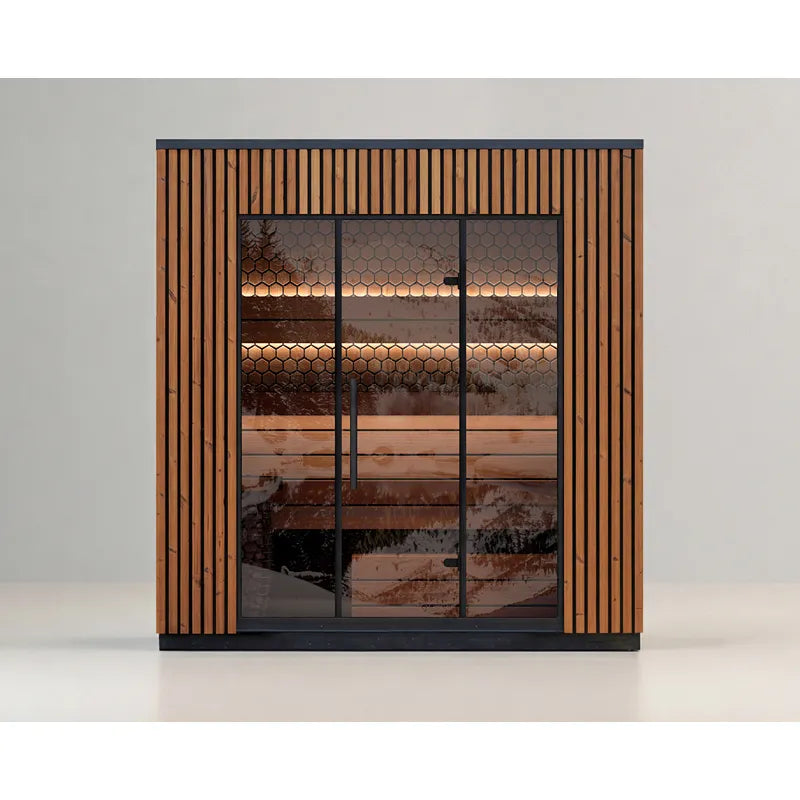 Leil® Viva 250 Gartensauna 4 Personen XL mit Glasfront von Leil® Saunas, modernes Saunahaus mit vertikalen Holzlamellen und großer Glasfront