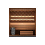 Leil® Viva 250 Gartensauna Innenraum mit Holzbänken, Infrarotheizern und Saunaofen