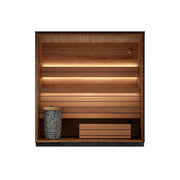 Leil® Viva 250 Gartensauna Innenraum mit Holzbänken, LED-Beleuchtung und Saunaofen von Leil® Saunas