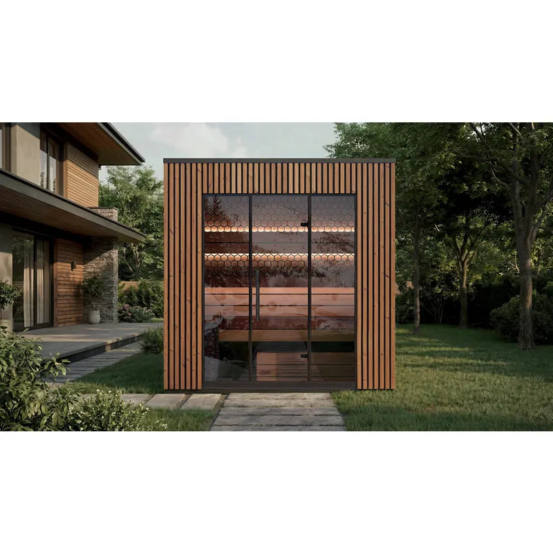 Leil® Viva 250 Gartensauna 4 Personen XL mit Glasfront von Leil® Saunas im modernen Garten