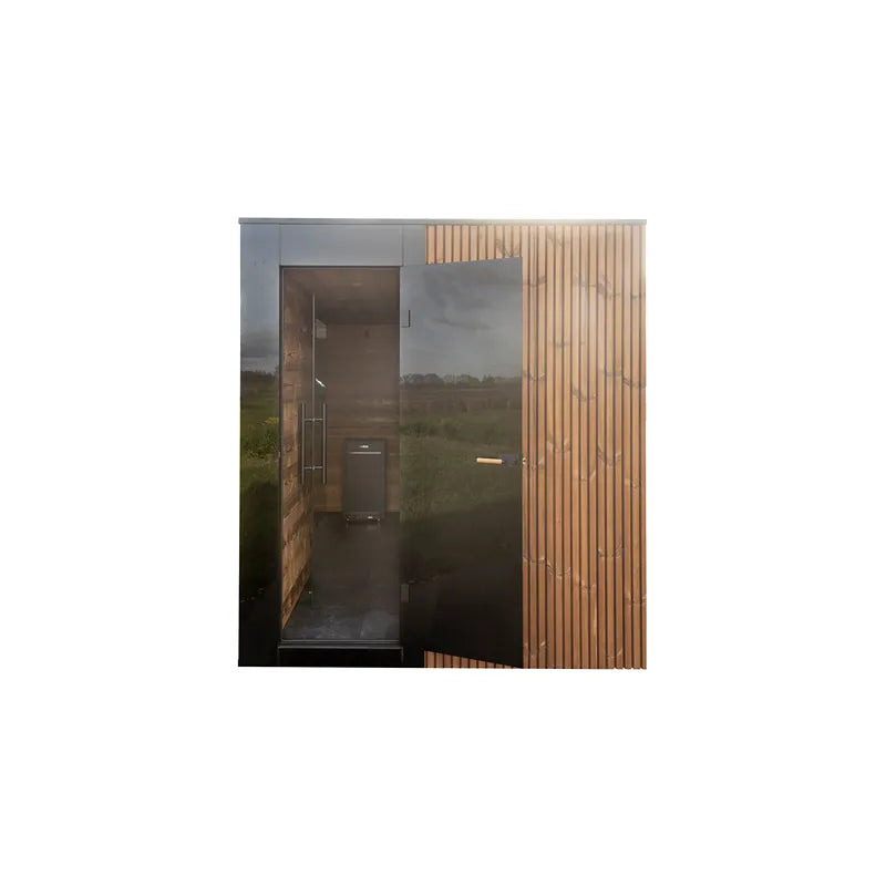 Nordik Wellness Signature L - Premium-Gartensauna für Familien mit offener Tür, modernes Design mit Holzverkleidung in Garten