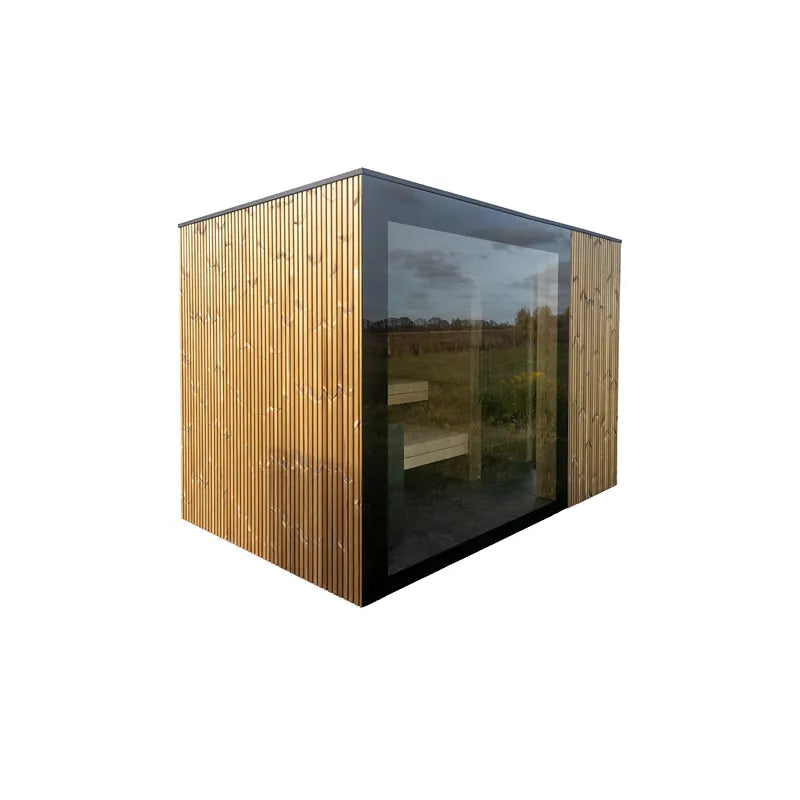 Nordik Wellness Signature L Premium-Gartensauna für Familien mit Holzverkleidung, großer Glasfront und Holzbänken im Innenraum