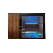 Nordik Wellness Signature L Premium-Gartensauna mit Holzverkleidung, Glastür und blauer LED-Beleuchtung innen