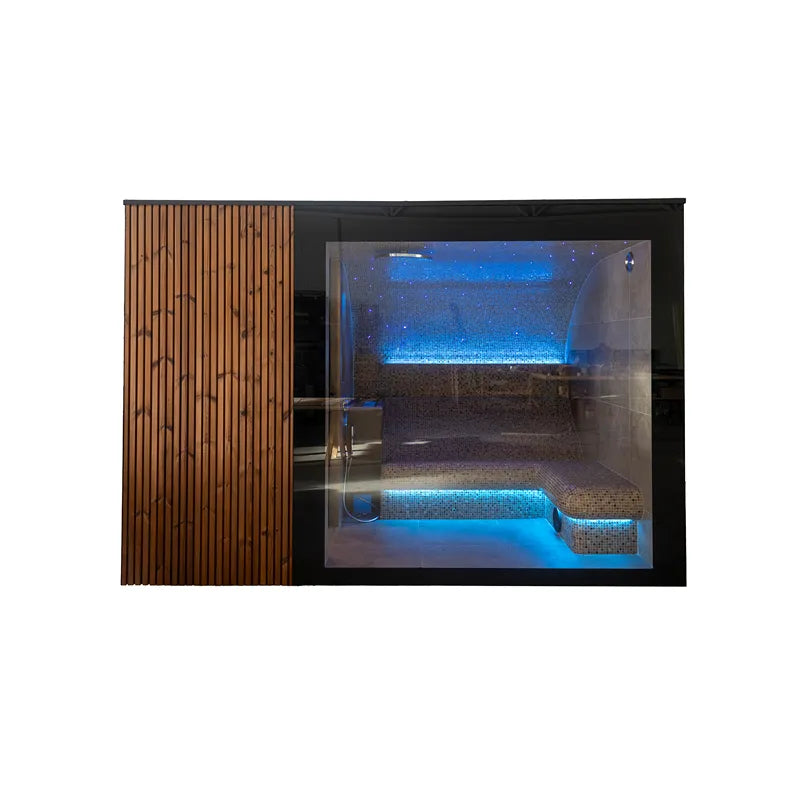 Nordik Wellness Signature L Premium-Gartensauna mit Holzverkleidung, Glastür und blauer LED-Beleuchtung innen