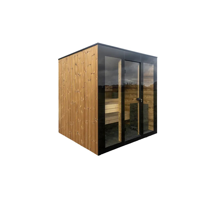 Nordik Wellness Signature M - Kompakte Luxus-Gartensauna mit Holzverkleidung, Glastür und Holzbänken im Innenraum