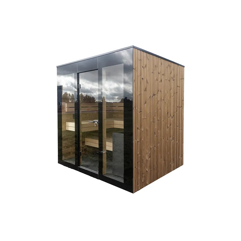 Nordik Wellness Signature M Kompakte Luxus-Gartensauna mit Holzverkleidung, Glastür und Holzbänken im Innenraum