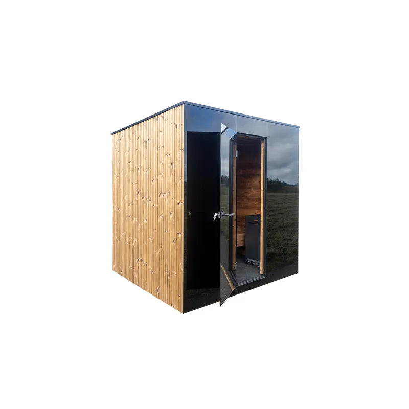 Nordik Wellness Signature M Kompakte Luxus-Gartensauna mit Holzverkleidung und offener Tür