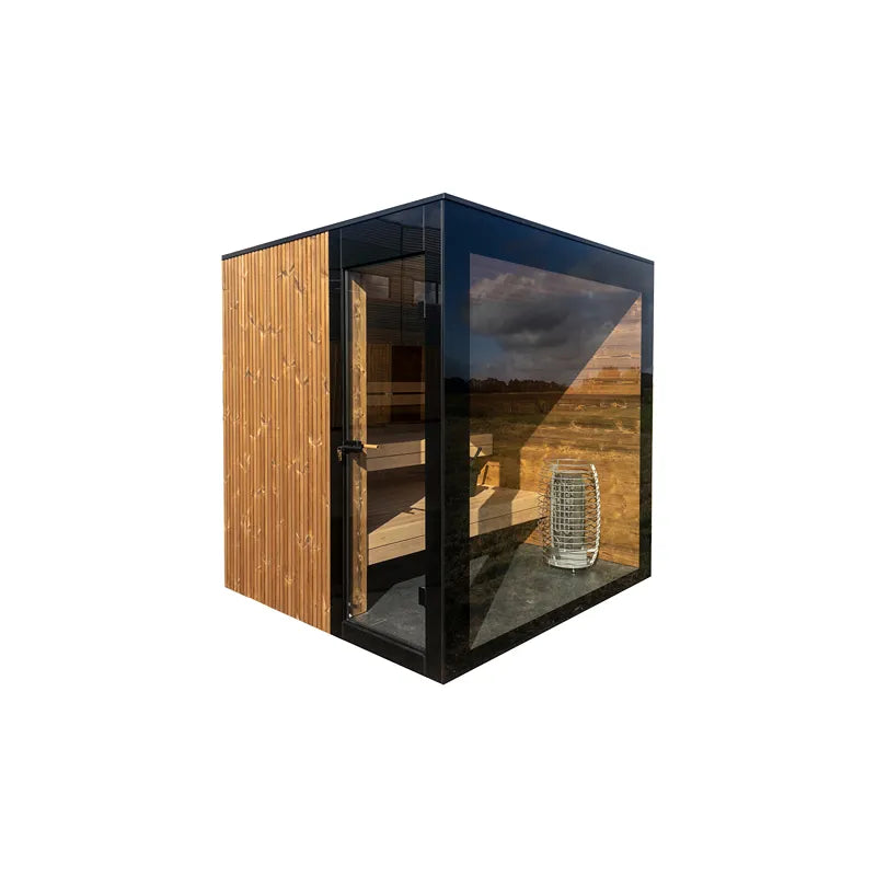 Nordik Wellness Signature M Kompakte Luxus-Gartensauna mit Holzverkleidung, schwarzem Rahmen und Glastüren im Freisteller