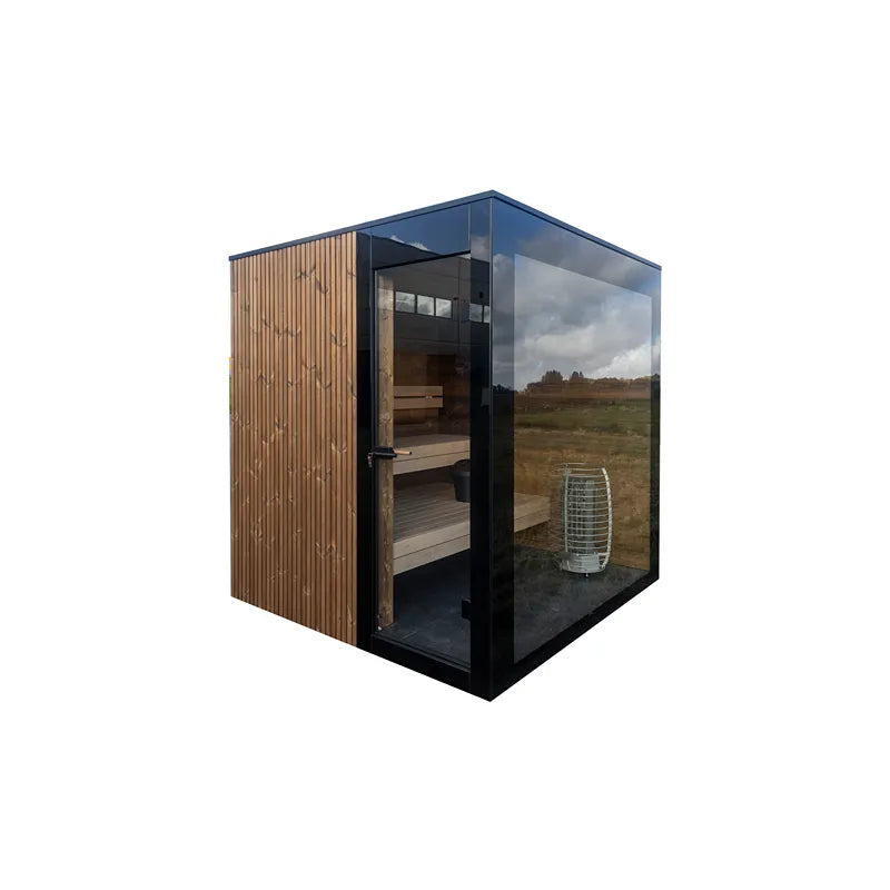Nordik Wellness Signature M - Kompakte Luxus-Gartensauna mit Holzverkleidung, großen Glasfenstern und Saunainnenraum mit Holzbänken