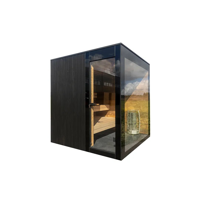 Nordik Wellness Signature M Kompakte Luxus-Gartensauna mit schwarzem Aluminiumrahmen, großen Glastüren und Holzinnenraum