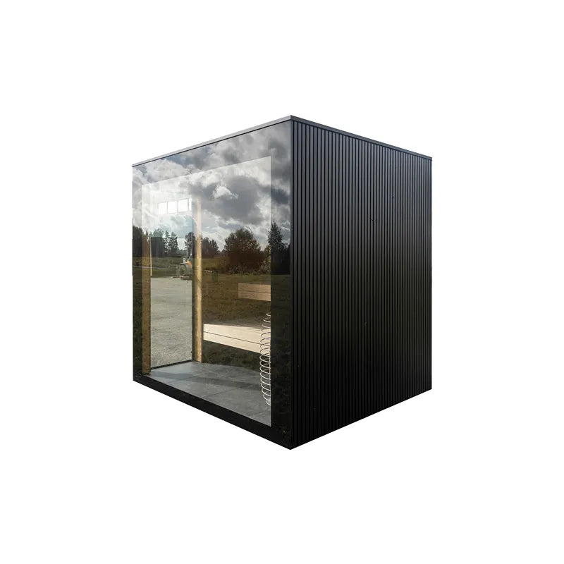 Nordik Wellness Signature M Kompakte Luxus-Gartensauna mit schwarzem Wellblechmantel, großem Fenster und Holzbank im Innenraum