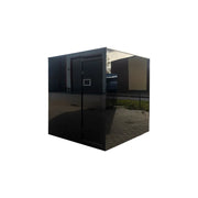 Nordik Wellness Signature M - Kompakte Luxus-Gartensauna mit schwarzer Glasfront und Holzboden im Garten