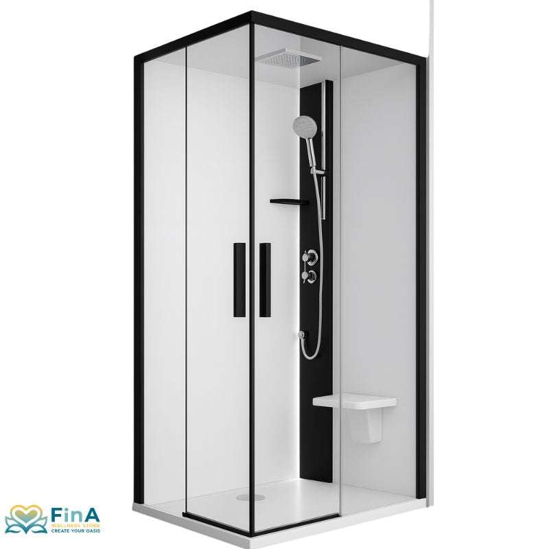 Design-Dampfdusche Novellini Glax 1 2.0 A in Schwarz Matt – markanter Kontrast mit schwarzem Paneel, Griffen und klaren Glasflächen