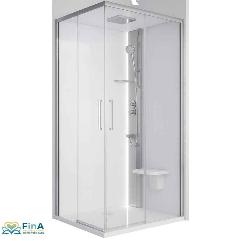 Novellini Glax 1 2.0 A Dampfdusche mit silberfarbenem Profil – modernes Design mit Klappsitz, Regenbrause und klarer Linienführung