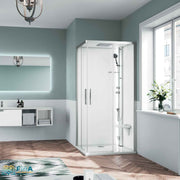 Moderne Komplettdusche Novellini Glax 1 2.0 A in elegantem Badezimmer mit Tageslicht, Dampffunktion, Handbrause und Klappsitz – stilvolle Wellnesslösung für anspruchsvolles Wohndesign