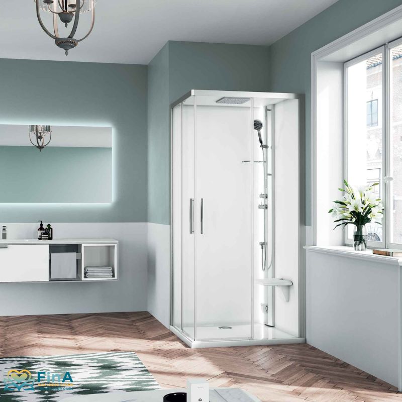 Moderne Komplettdusche Novellini Glax 1 2.0 A in elegantem Badezimmer mit Tageslicht, Dampffunktion, Handbrause und Klappsitz – stilvolle Wellnesslösung für anspruchsvolles Wohndesign