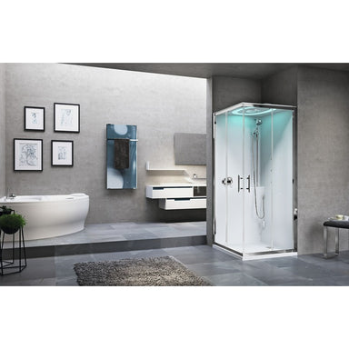 Dampfdusche Novellini EON A mit Eckeinstieg und Schiebetüren – moderne Komplettdusche mit Dampfsauna und Massagedüsen für das Designbad