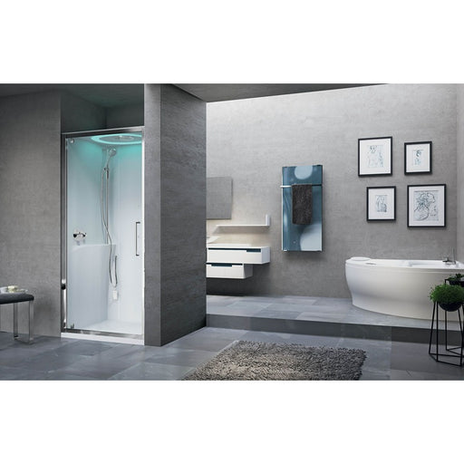 Modernes Badezimmer mit integrierter Novellini EON G Dampfdusche in Nischeneinbau mit Beleuchtung und Drehtür, neben freistehender Badewanne und Wandgestaltung in Betonoptik.