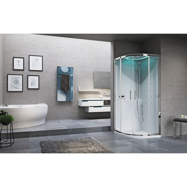 Moderne Badezimmeransicht mit der Novellini Eon R Runddusche – Komplettdusche mit Glasfront, Massagedüsen und LED-Beleuchtung in elegantem Design.