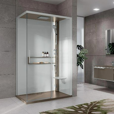 Elegante Novellini Glax 2 2P Dampfdusche mit Schiebetür, integrierter Sitzbank und modernem Glasdesign in einem stilvollen Badezimmerambiente