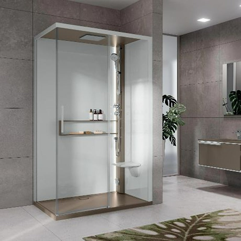 Elegante Novellini Glax 2 2P Dampfdusche mit Schiebetür, integrierter Sitzbank und modernem Glasdesign in einem stilvollen Badezimmerambiente