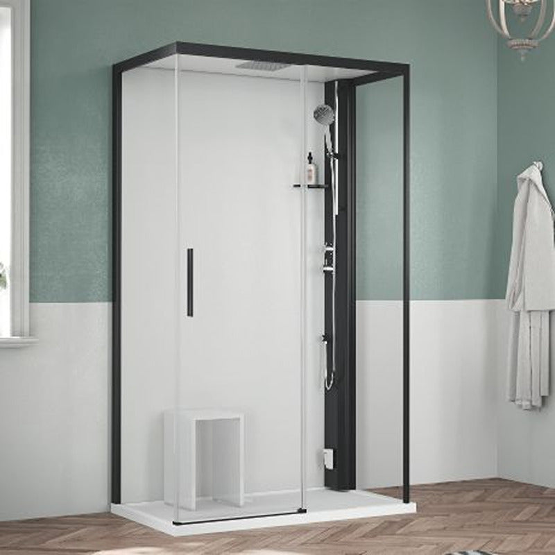 Moderne Dampfdusche Novellini Glax 1 2P+2F mit schwarzem Rahmen, Schiebetür, Sitz und Massagedusche – minimalistisch gestaltet für stilvolle Badezimmer.