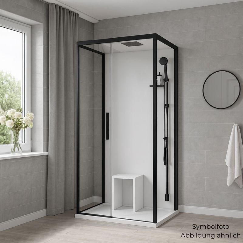 Symbolfoto der Novellini Glax 1 2P+2F Dampfdusche mit schwarzem Rahmen, klappbarem Sitz und Handbrause – stilvolle Komplettdusche in modernem Badezimmer.