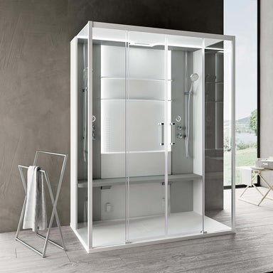 Novellini Skill Dual Dampfdusche mit Glasfront, integrierten Massagedüsen, Sitzbank und moderner Doppelschiebetür in stilvollem Badezimmerambiente