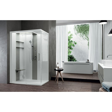 Novellini Skill 2P Dampfdusche in modernem Badezimmer mit Schiebetür, Duschsitz und Massagedüsen – elegantes Spa-Design in Weißgrau