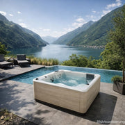 Novellini VITA Outdoor Whirlpool XL mit Holzoptik-Verkleidung vor See- und Bergkulisse auf exklusiver Design-Terrasse