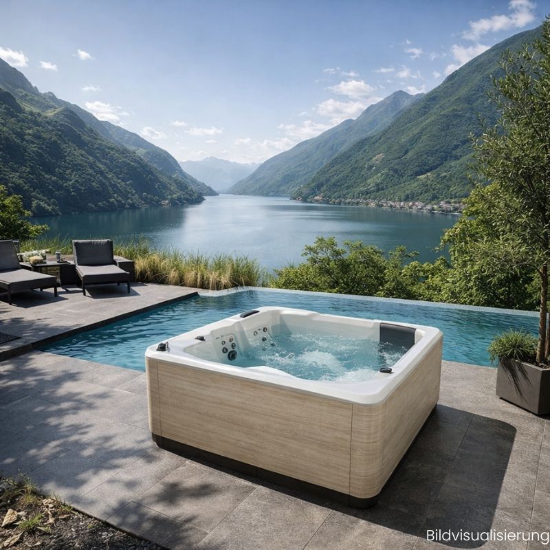 Novellini VITA Outdoor Whirlpool XL mit Holzoptik-Verkleidung vor See- und Bergkulisse auf exklusiver Design-Terrasse