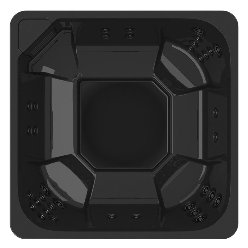 Novitek L-0 Outdoor Whirlpool von oben mit quadratischem Design, Sitzplätzen rundum und Düsen an den Innenseiten, schwarze Acryl-Wanne