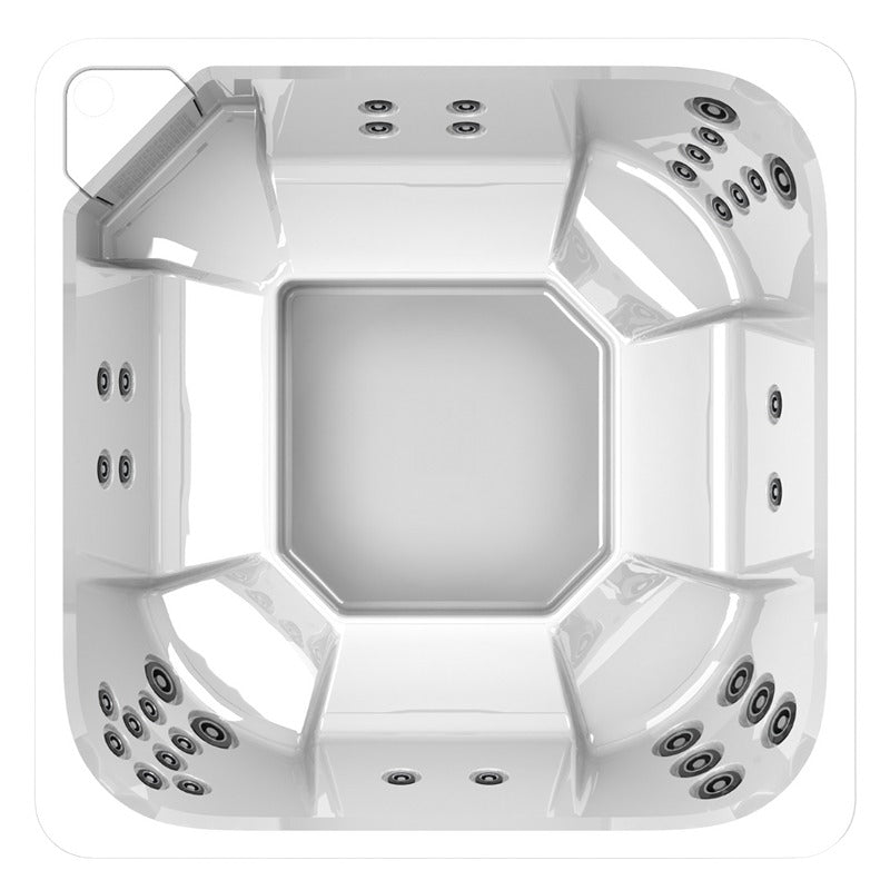 Luftaufnahme des Novitek L-0 Outdoor Whirlpools mit quadratischem Design, weißem Kunststoffgehäuse und mehreren Massagedüsen an den Innenseiten für 9 Personen