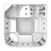 Draufsicht eines weißen Novitek L-1 Outdoor Whirlpools mit eckiger Form, zahlreichen Massagedüsen und integrierter Sitzanordnung für 7 Personen