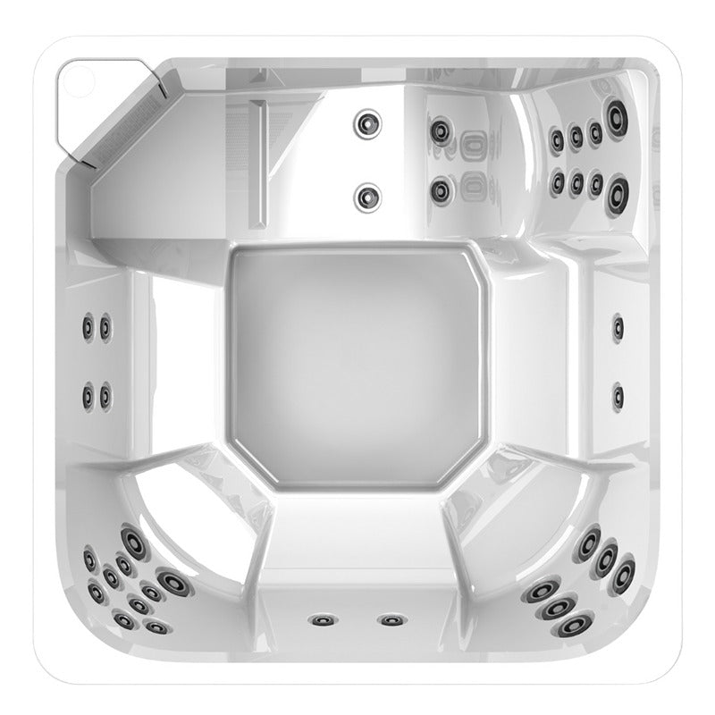 Draufsicht eines weißen Novitek L-1 Outdoor Whirlpools mit eckiger Form, zahlreichen Massagedüsen und integrierter Sitzanordnung für 7 Personen