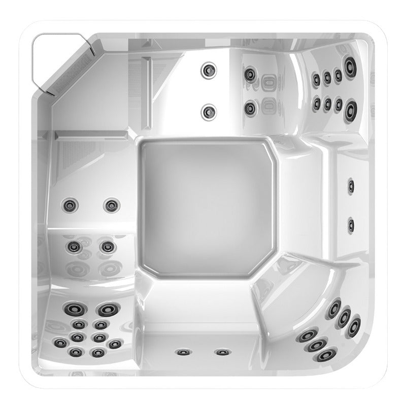 Novitek L-2 Outdoor Whirlpool, quadratisches Design mit Massagedüsen, Vogelperspektive auf die Innenkonstruktion mit weißem Acryl-Becken und integrierten Düsensystemen für 6 Personen.