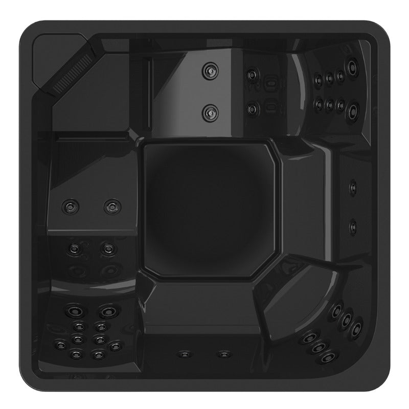 Aufsicht auf den Novitek L-2 Outdoor Whirlpool mit quadratischem Design, schwarzem Kunststoffgehäuse und mehreren Düsen zur Wassermassage für 6 Personen