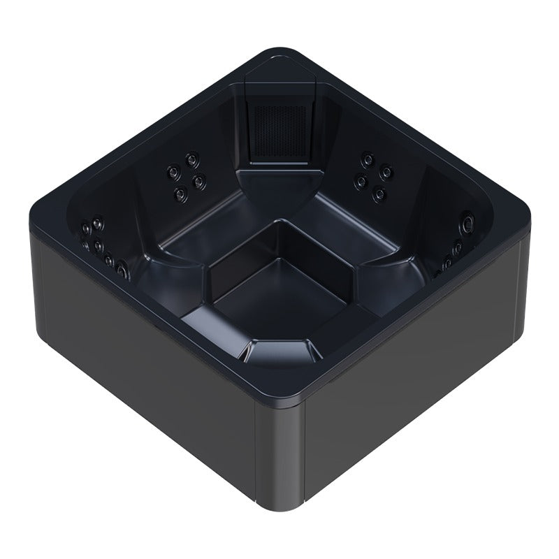 Novitek M-0 Outdoor Whirlpool in Schwarz, quadratisches Design mit Massagedüsen an den Innenseiten und großem Wasserbereich für sieben Personen