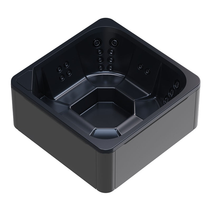 Novitek M-0 Outdoor Whirlpool in Schwarz-Grau mit quadratischem Design, Massagedüsen an den Innenseiten und ergonomischen Sitzflächen, Draufsicht auf leeres Becken