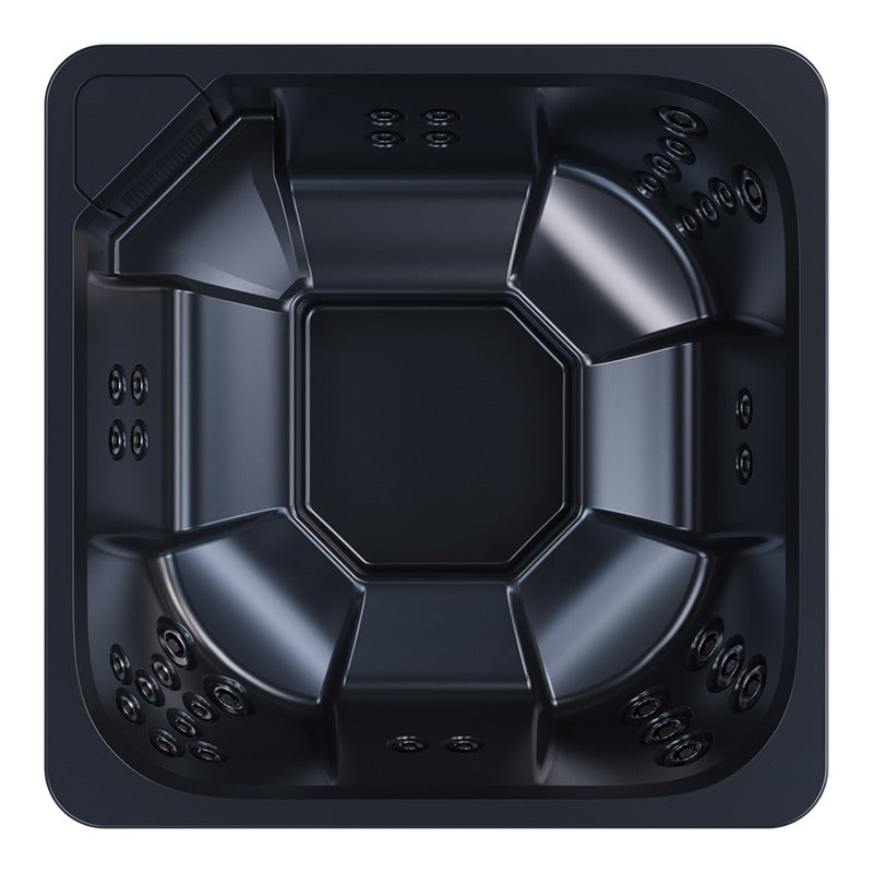 Draufsicht auf den Novitek M-0 Outdoor Whirlpool in Schwarz mit eckigem Design, Sitzplätzen an allen Seiten und Massagedüsen