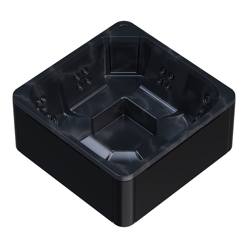 Quadratischer schwarzer Outdoor-Whirlpool Novitek M-0 von oben, mit integrierten Düsen an den Seitenwänden und gepolsterten Sitzflächen für 7 Personen, Abmessungen 210x210x98 cm