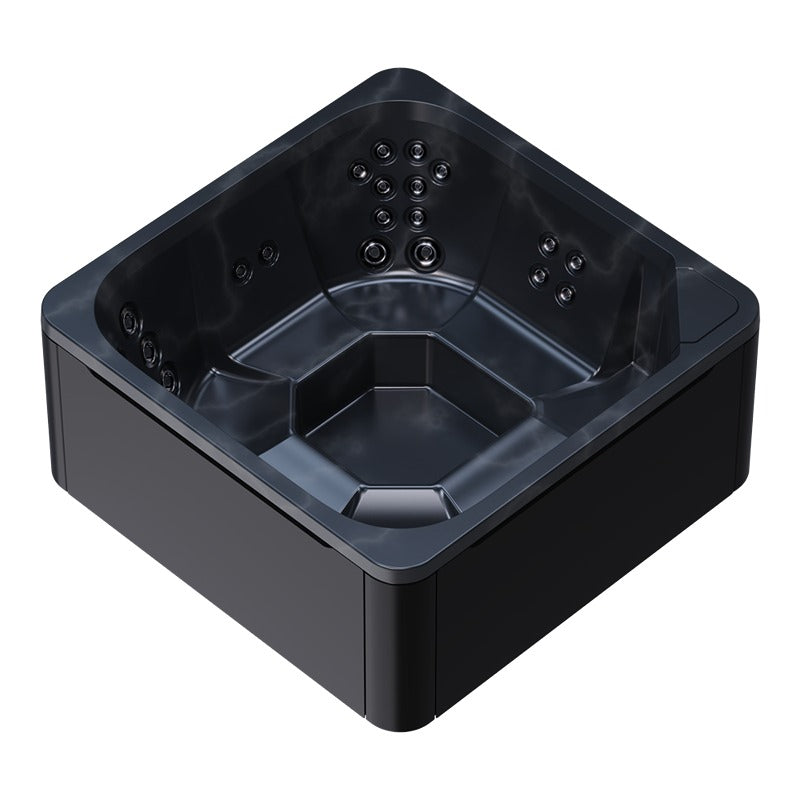 Novitek M-0 Outdoor Whirlpool in Schwarz, quadratisches Design mit integrierten Massagedüsen an den Seitenwänden und Eckbänken für 7 Personen