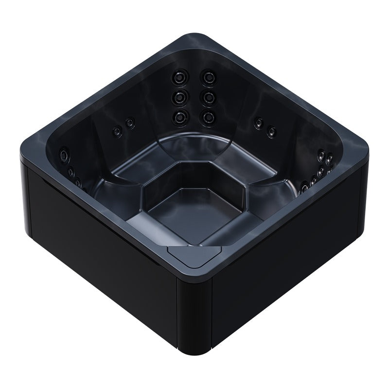 Novitek M-0 Outdoor Whirlpool in Schwarz von oben, quadratisches Design mit Massagedüsen an den Seiten und ergonomischen Sitzplätzen für 7 Personen