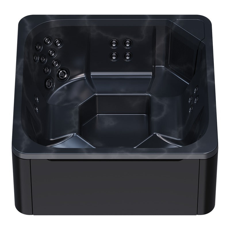 Novitek M-0 Outdoor Whirlpool in Schwarz von oben, Draufsicht mit Massagedüsen und Sitzplätzen für 7 Personen