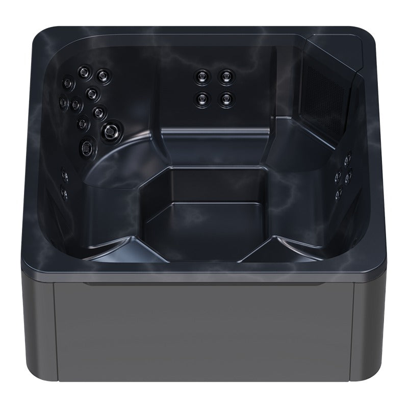 Novitek M-0 Whirlpool von oben mit schwarzem Innenbereich, Massagedüsen an den Seiten und graues Außengehäuse für 7 Personen