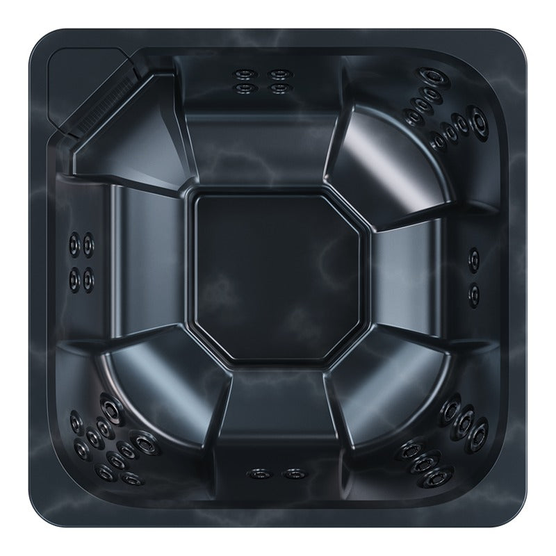 Draufsicht auf Novitek M-0 Outdoor Whirlpool in Schwarz mit achteckigem Design, sechs Sitzplätzen und Wasserdüsen an den Wänden
