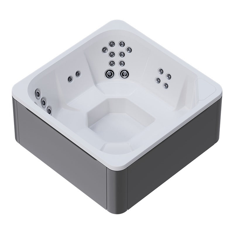 Novitek M-0 Outdoor Whirlpool in Weiß und Grau mit mehreren Massagedüsen an allen Seiten, quadratische Form für 7 Personen