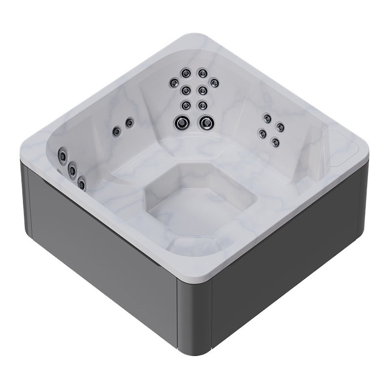 Novitek M-0 Outdoor Whirlpool in Weiß und Grau mit eckigem Design, ausgestattet mit mehreren Massagedüsen an allen Seiten für sieben Personen, Draufsicht