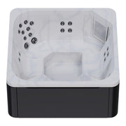 Novitek M-0 Outdoor Whirlpool in Weiß mit schwarzem Sockel, Draufsicht mit Massagedüsen und integriertem Filter